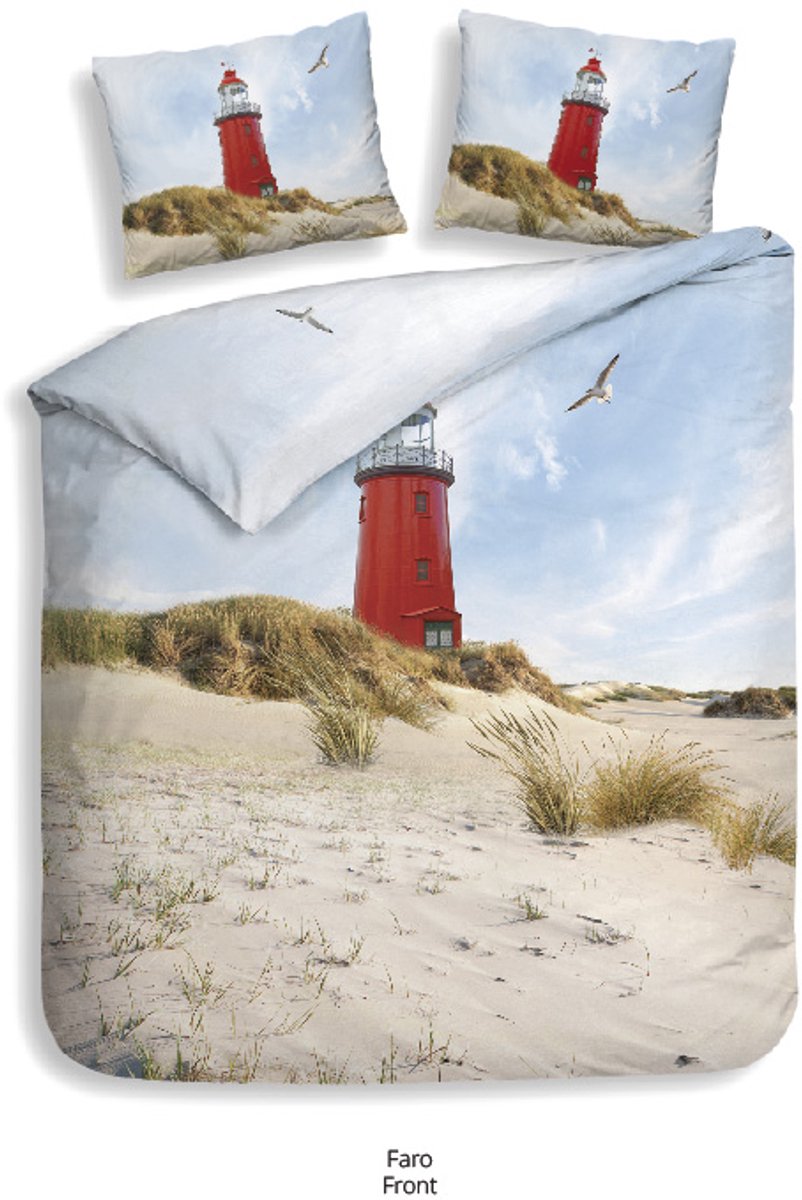 Heckettlane Dekbedovertrek Faro - Bedlinnen met Strand print - 240x200-220 cm - Lits-Jumeaux - Multi - Dekbedovertrek van 100% Katoen-Satijn