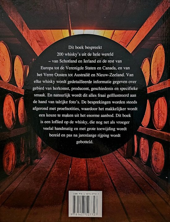 Boek met whiskyvaten in een kelder. De tekst luidt 'Dit boek bespreekt 200 whisky's uit de hele wereld'.