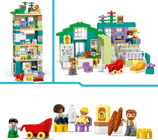 Une maison LEGO Duplo dans différentes configurations, aux murs verts, violets et vert clair.