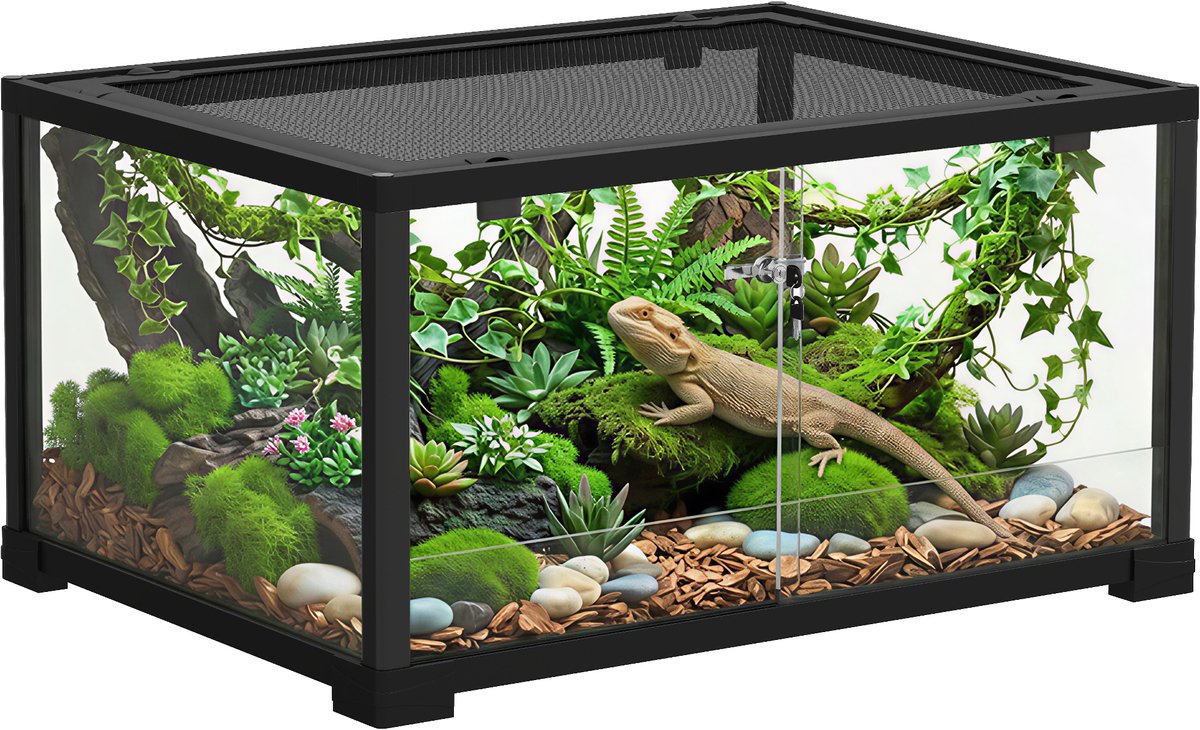 Pawhut reptile box 86,3 L - glas/kunststof - 60x45x32 cm - zwart