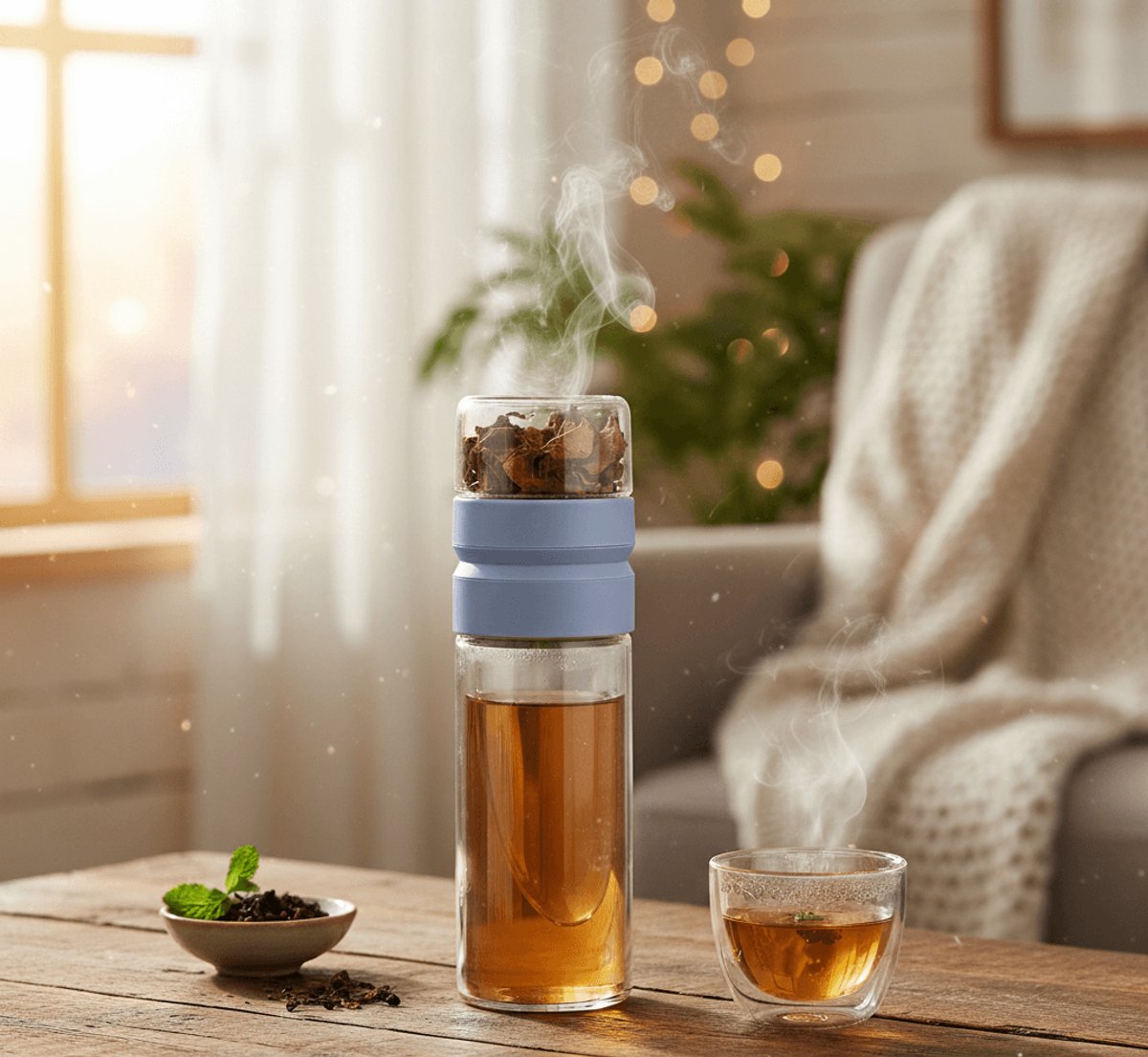 Thermosfles met infuser - kleur blauw– dubbelwandig glas – 450 ml – hittebestendig & BPA-vrij – theefles voor losse thee, kruiden & infused water – lekvrij met siliconen grip