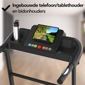 Loopbandconsole met ingebouwde telefoon/tablethouder en bidonhouders. Tablet toont een landschap.