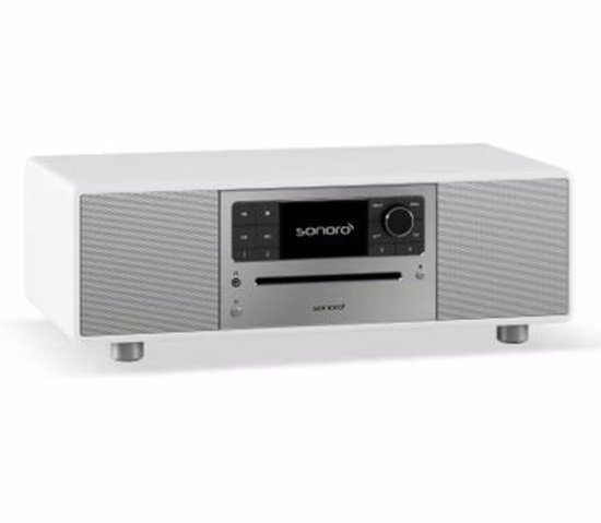 Wit Sonoro Prestige muzieksysteem met zilveren details, CD-speler en speakers.