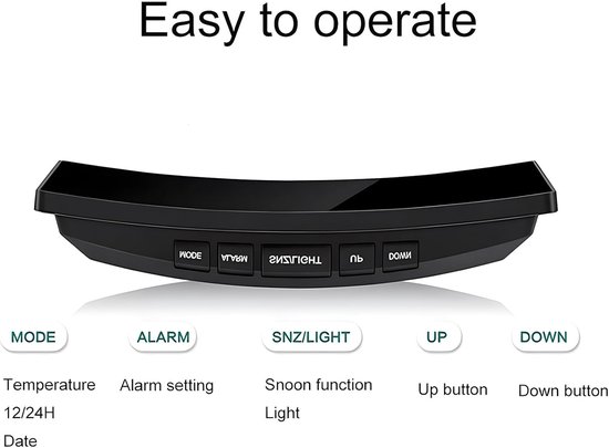 Lancoon Elektronische wekker, led-gebogen scherm met spiegeloppervlak, snooze-functie, oplaadaansluiting, batterijvoeding, kleurrijke temperatuur voor huis en slaapkamer