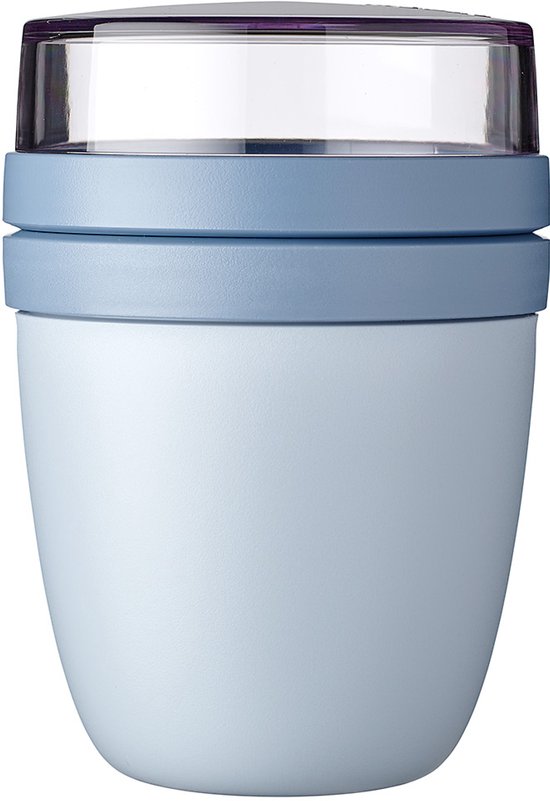 Pot à yaourt et muesli bleu clair avec un couvercle transparent et une bande bleue.