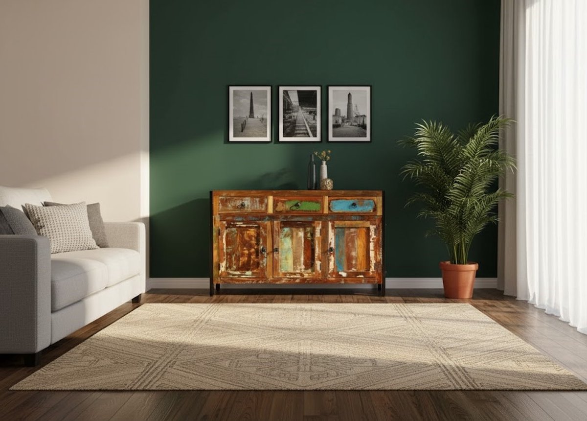 Vintage Dressoir van Massief Gerecycled Hout – Handgemaakt Sideboard met 3 Lades & 3 Opbergvakken – Duurzame Retro Wandkast / Kast voor Woonkamer – 120×35×76 cm – Multicolour – Novihome