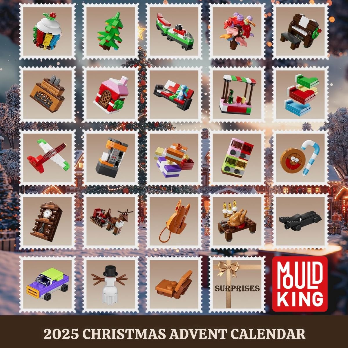 Mould King Kerst adventskalender #1 24-delig 2025 - 2026 aftelkalender bouwset | Incl. mini kerstboom / trein | Creator classic bouwpakket compatibel met lego | Educatief speelgoed voor volwassenen & kinderen | Bouwdoos met 694 bouwstenen — afbeelding 2