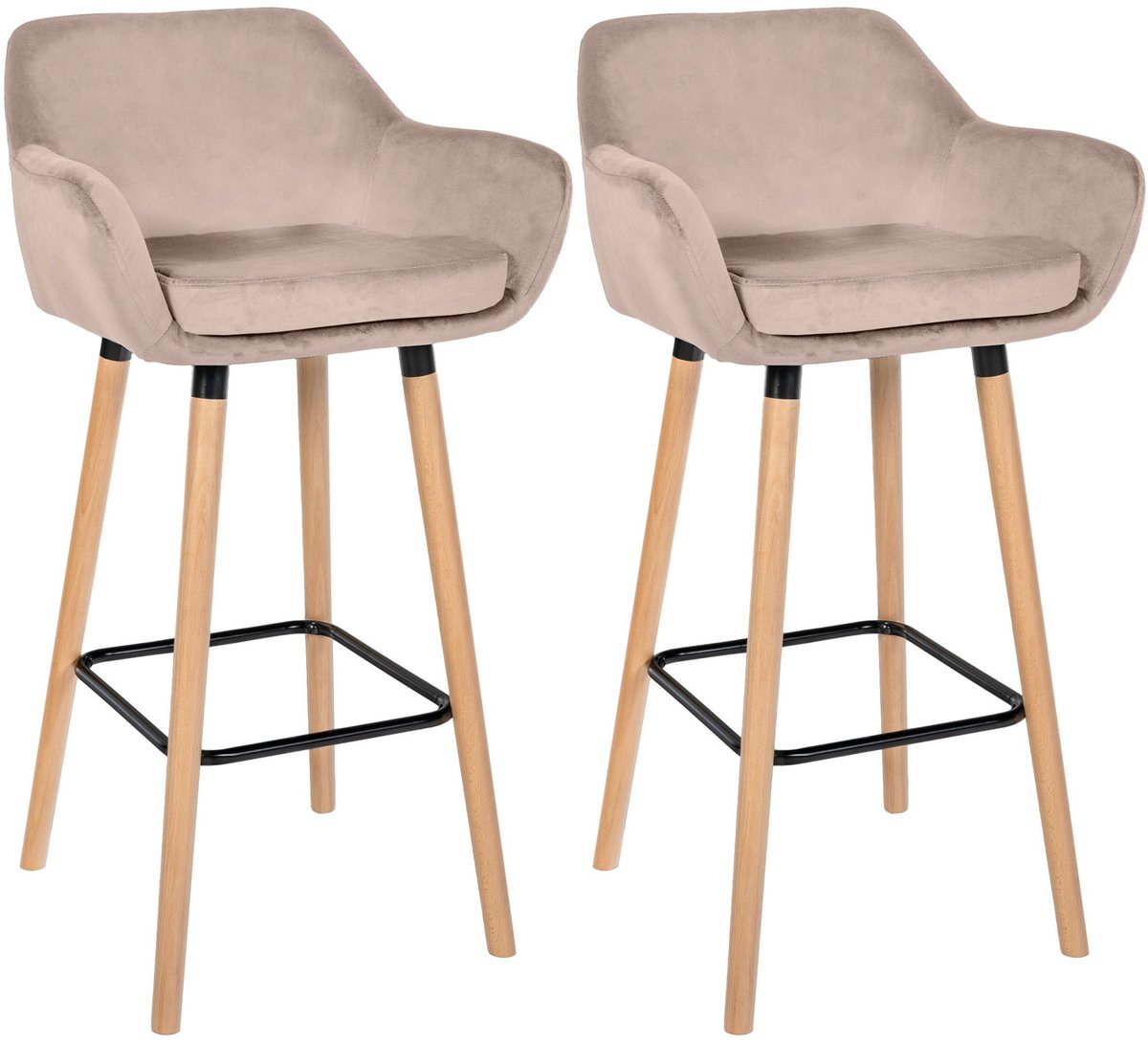 CLP Grant Set van 2 barkrukken - Met rugleuning - Moderne Barstoel - Beukenhouten Poten - Belastbaar tot 150 kg - Velvet - Fluweel - licht grijs/natura