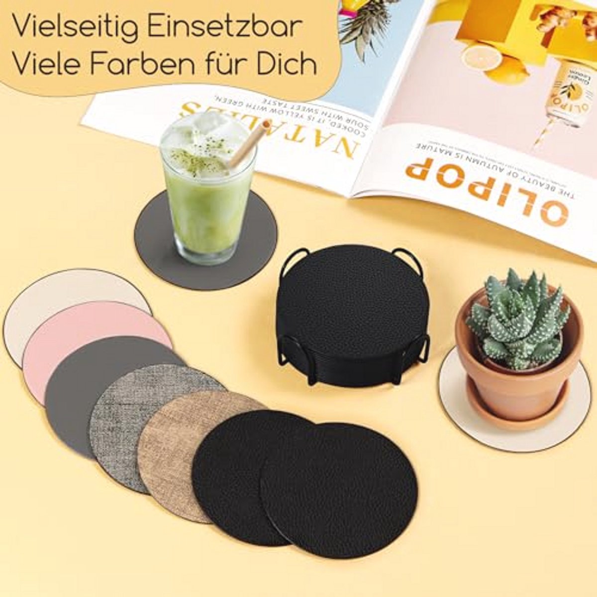 Set van 12 Dubbelzijdige Leer Coasters met Houder - Grijs en Zwart
