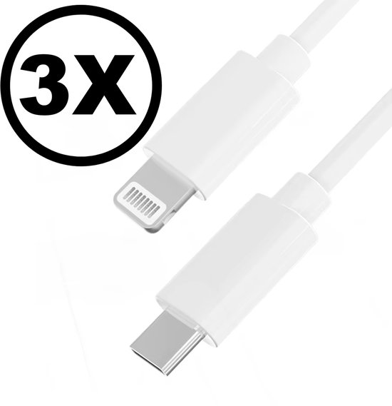 VOWLUX USB-C naar Compatible Lightning Kabel 1 Meter – 3 Stuks Geschikt voor iPhone 5/6/7/8/x/Xr/11/12/13/14/Plus/Pro/Promax/Mini Oplaadkabel – Snelladen & Data – Wit