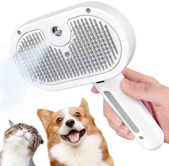 Witte stoomborstel met handvat in de hand, voor katten en honden.