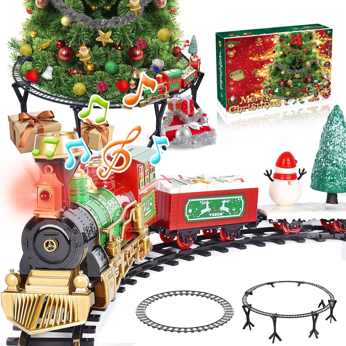 Kersttrein elektrisch - Elektrische kersttrein - Trein rond kerstboom - Kerstdecoratie trein - Speelgoedtrein kerst - Kersttrein met licht en geluid - Kerstversiering - Kerst dorp accessoires