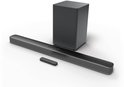 Zwarte JBL soundbar met draadloze subwoofer en afstandsbediening.