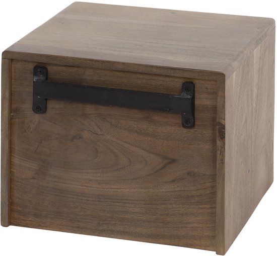Bruin houten nachtkastje met een metalen handvat aan de voorzijde, staand op een witte achtergrond.