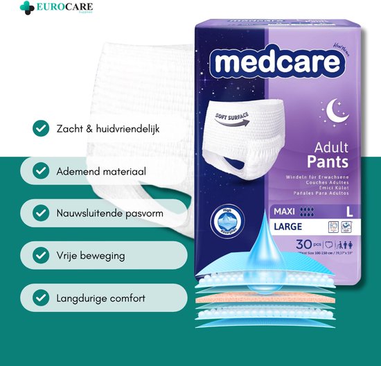 30 Stuks – Medcare Incontinentiebroekjes Maxi+ – Maat L – 2250+ ml absorptie – Wegwerppants voor matige tot zware incontinentie – Comfortabel & huidvriendelijk – Dag & nacht bescherming