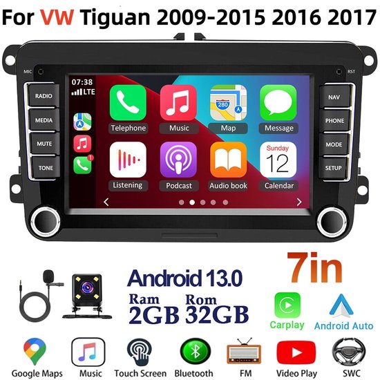 7inch Android 13 Auto Radio for VW Tiguan 2009-2015/2016/2017 | 2+32G GPS Navigatie Head Unit met Draadloos CarPlay/Android Auto, Bluetooth, WiFi, FM + Achteruitrijcamera