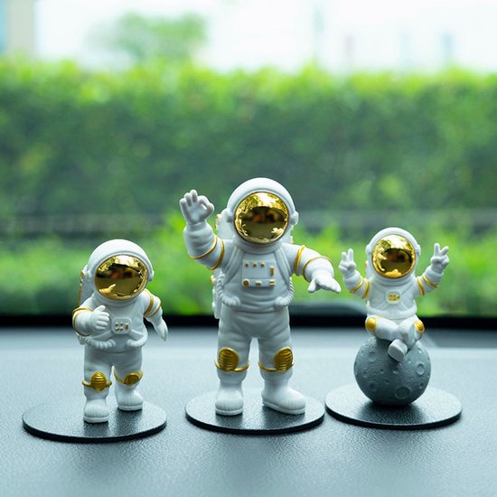 3-delige gouden astronautenfiguur decoratieset, astronautenspiegel, astronautenbeeldje als decoratie, voor autodashboard, bureau in huis, taartdecoratie, cadeau.