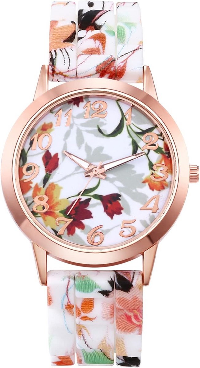 Vrouwen Siliconen Polshorloge met Rond Kwartsklokje en Bloemenpatroon