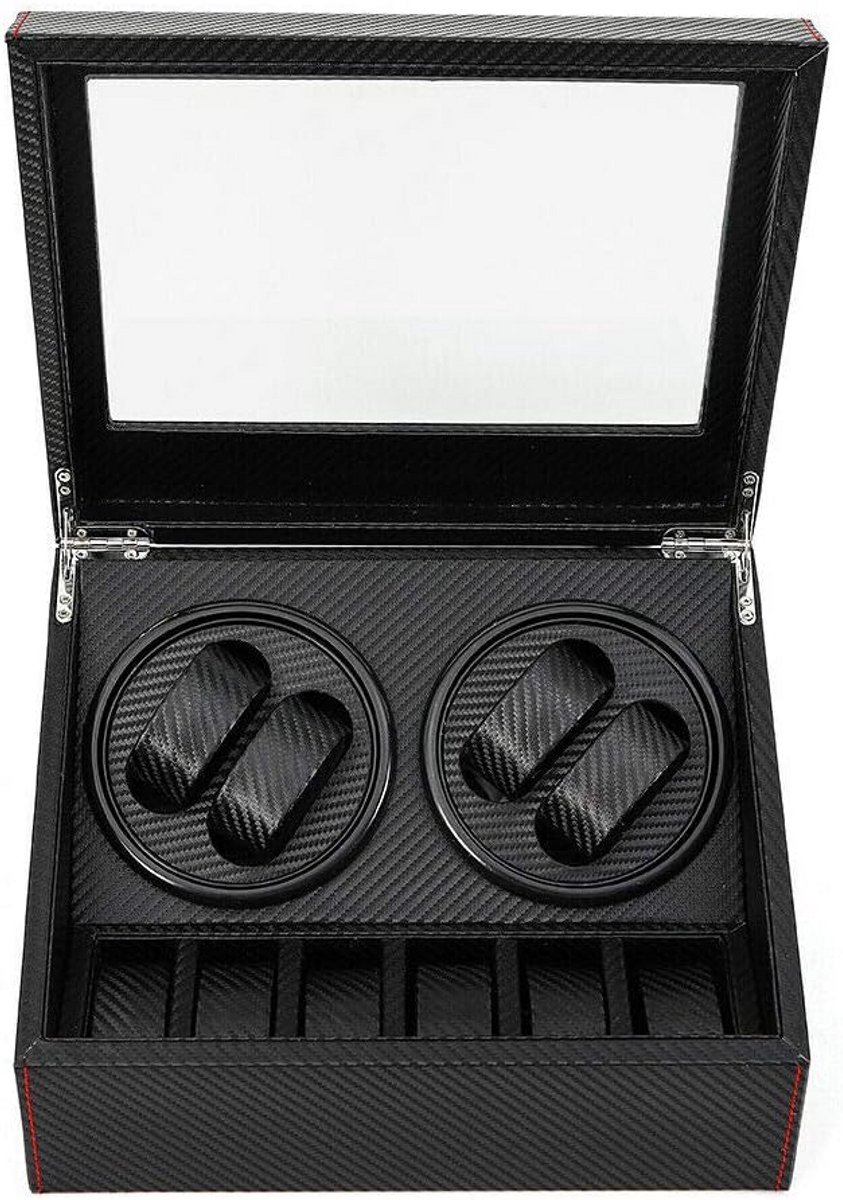 Horlogeopwinder 4+6 MDF Koolstofvezel Glas Zwart 220V 50Hz 0.3A 30.5x23.5x18-12cm