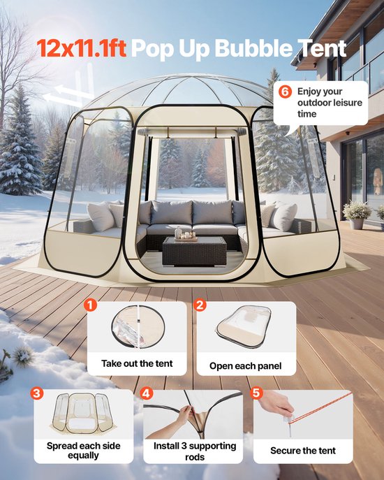 Opvouwbare Bel Tent, 3.66 x 3.38 m Waterdicht & UV-Bestendig, Transparante Buiten Dome Schuilplaats Met Vensters, 540° Panoramisch Zicht, Geschikt voor 10-12 Personen voor Patio Of Tuin Gebruik van Merkloos — afbeelding 3