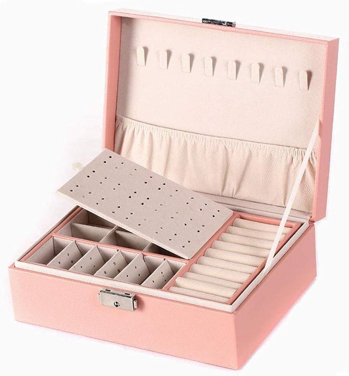 Ronte - Sieradendoosje voor dames met 2 niveaus en sleutels - Roze [3 zoekwoorden: sieradenopslag, PU-leer, sieradenorganizer]