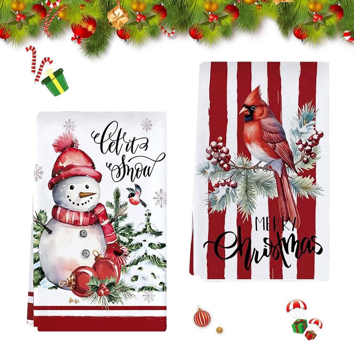 Set van 2 Keukentextiel Kerst - Absorberende Keukendoeken Kerstman & Sneeuwpop - 40x60 cm
