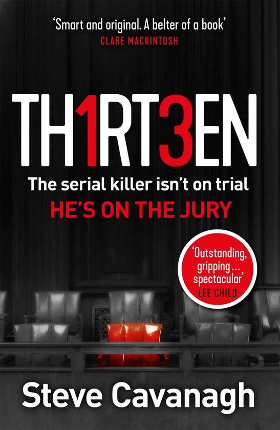 Boekomslag van 'TH1RT3EN'. De tekst luidt: 'The serial killer isn't on trial HE'S ON THE JURY'. Achtergrond met stoelen en een rode stoel op de voorgrond.