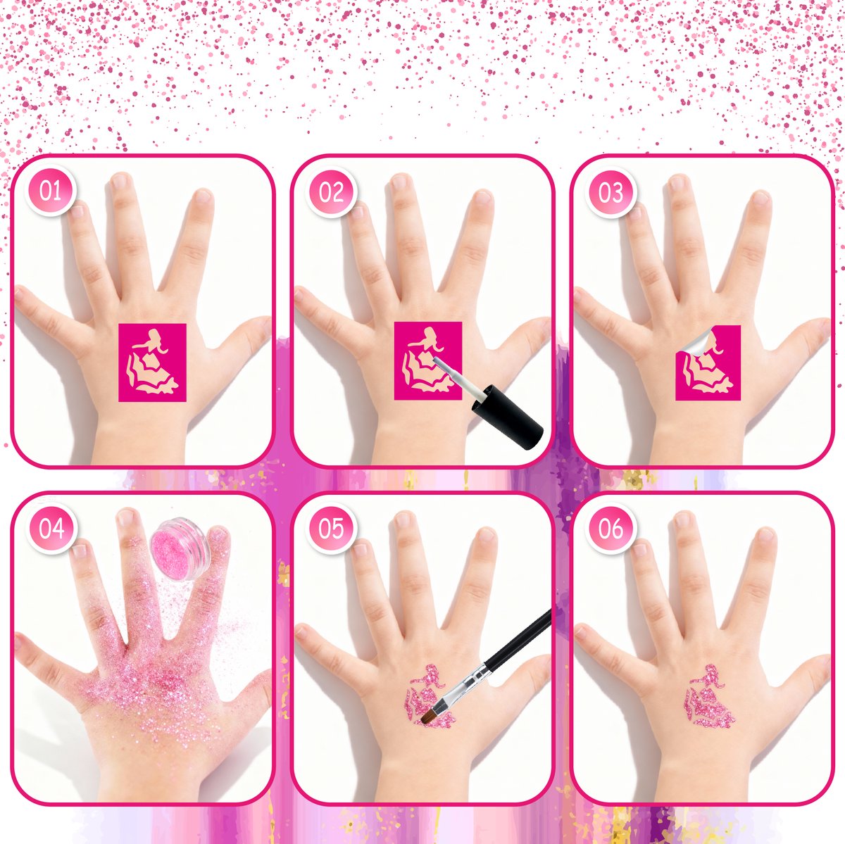 Craftiverse Glitter Tattoo Set – Prinsessen & Feeën Editie – 36 Sjablonen - 6 Kleuren - Schmink Sjablonen - Knutselpakket - Knutselen Meisjes - Huidlijm Voor Glitters - Inclusief Handleiding — afbeelding 6