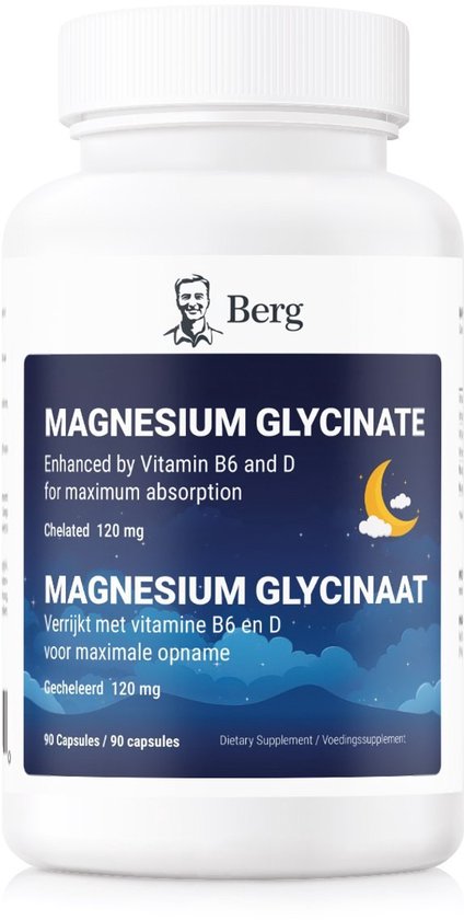 Witte pot met Berg Magnesium Glycinaat etiket met vitamine B6, D en zonsopgang. 90 capsules.