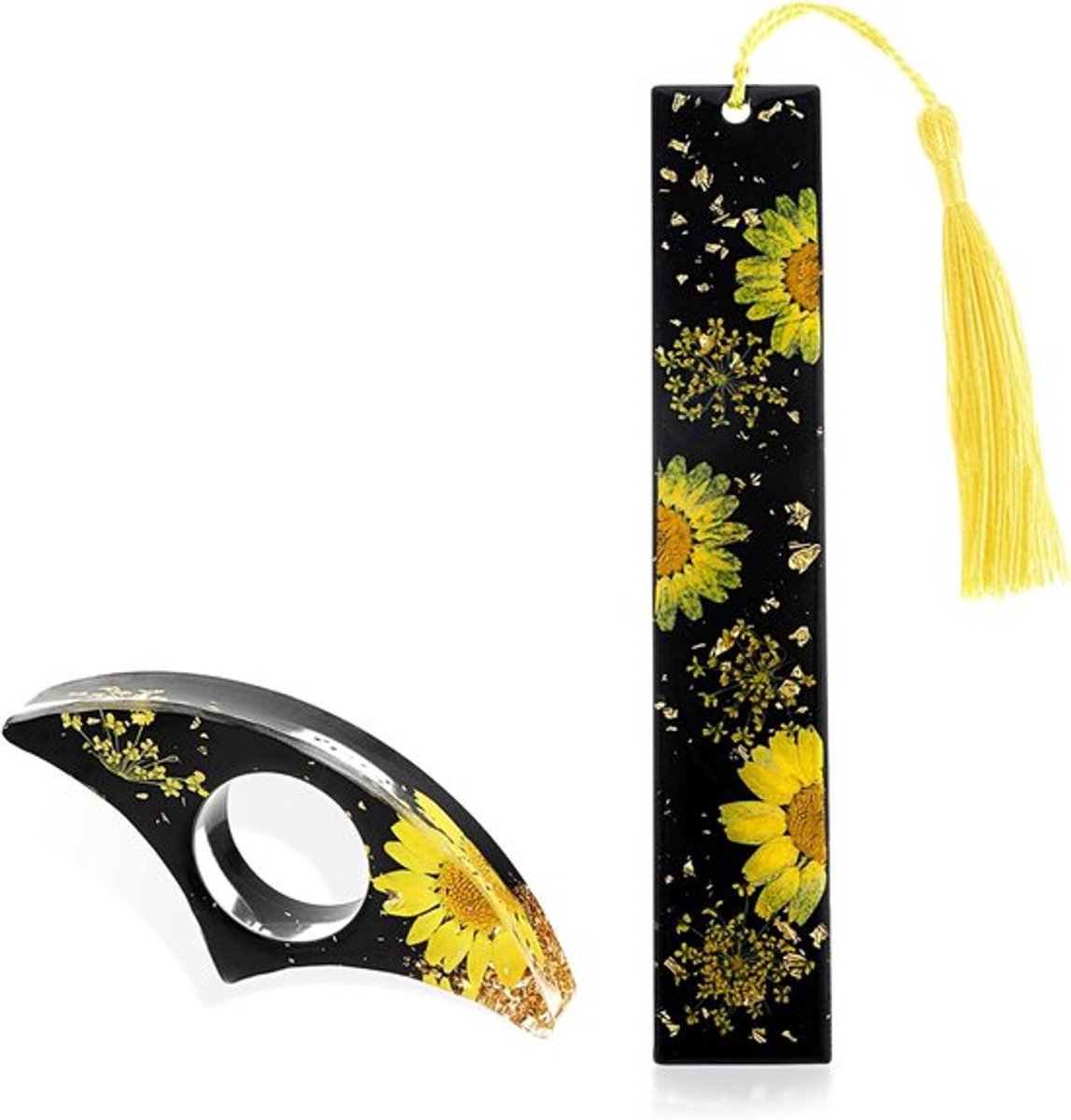 2-delige boekenleggerset met gedroogde bloemen, handgemaakt (geel)