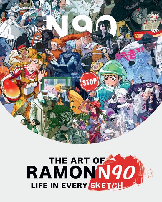La couverture du livre 'The Art of RamonN90: Life in Every Sketch' présente un collage vibrant de divers personnages d'anime aux vêtements saisissants et aux visages expressifs. Le texte 'The Art of RamonN90 Life in Every Sketch' est centré.