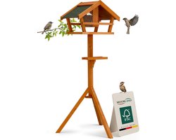 Houten Vogelhuisje op Paal 120 cm - Grote Open Voederhuis met 3 Voederplaatsen - Weerbestendig FSC Vogelhuis met Bitumendak voor in de Tuin, op het Balkon & Terras - Vogelvoeder voor Buiten