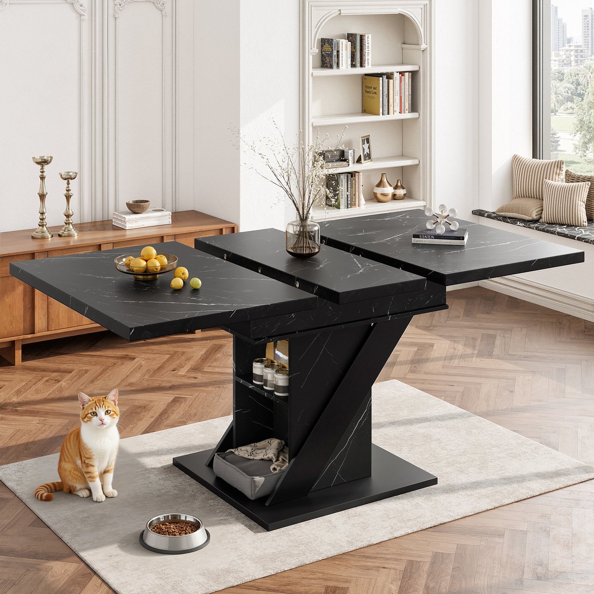 Sweiko Eettafel - Uitschuifbaar tot 140 cm - Marmerlook - Met opbergplank - Zwart