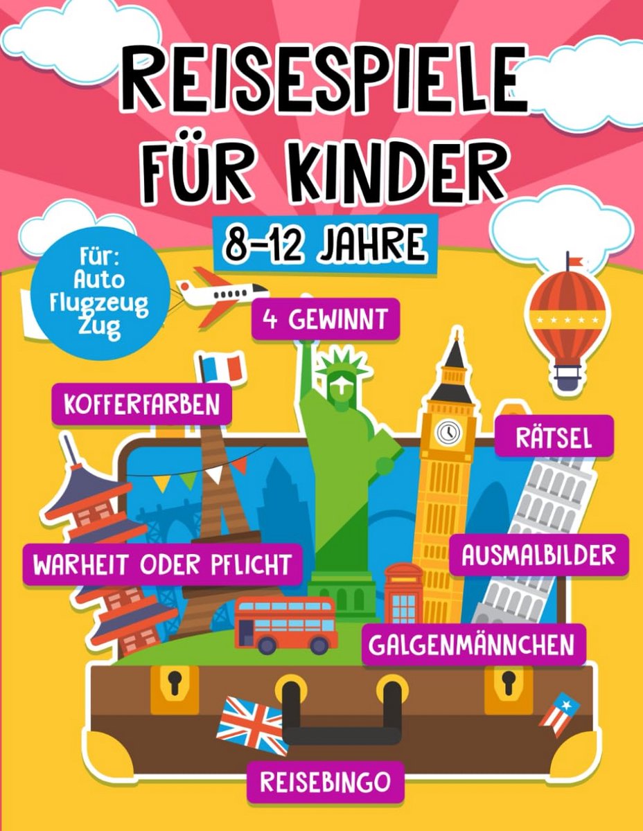 Reisespiele für Kinder ab 8-12 Jahren: Rätsel- und Malbuch für Flugzeug, Auto en Zug