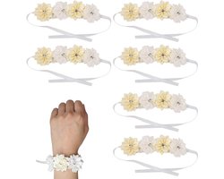 Corsage set van 6 stuks bruiloft bloemen simulatie lint pols bloem decoratie accessoires voor bruid bruidsmeisjes (Wit)