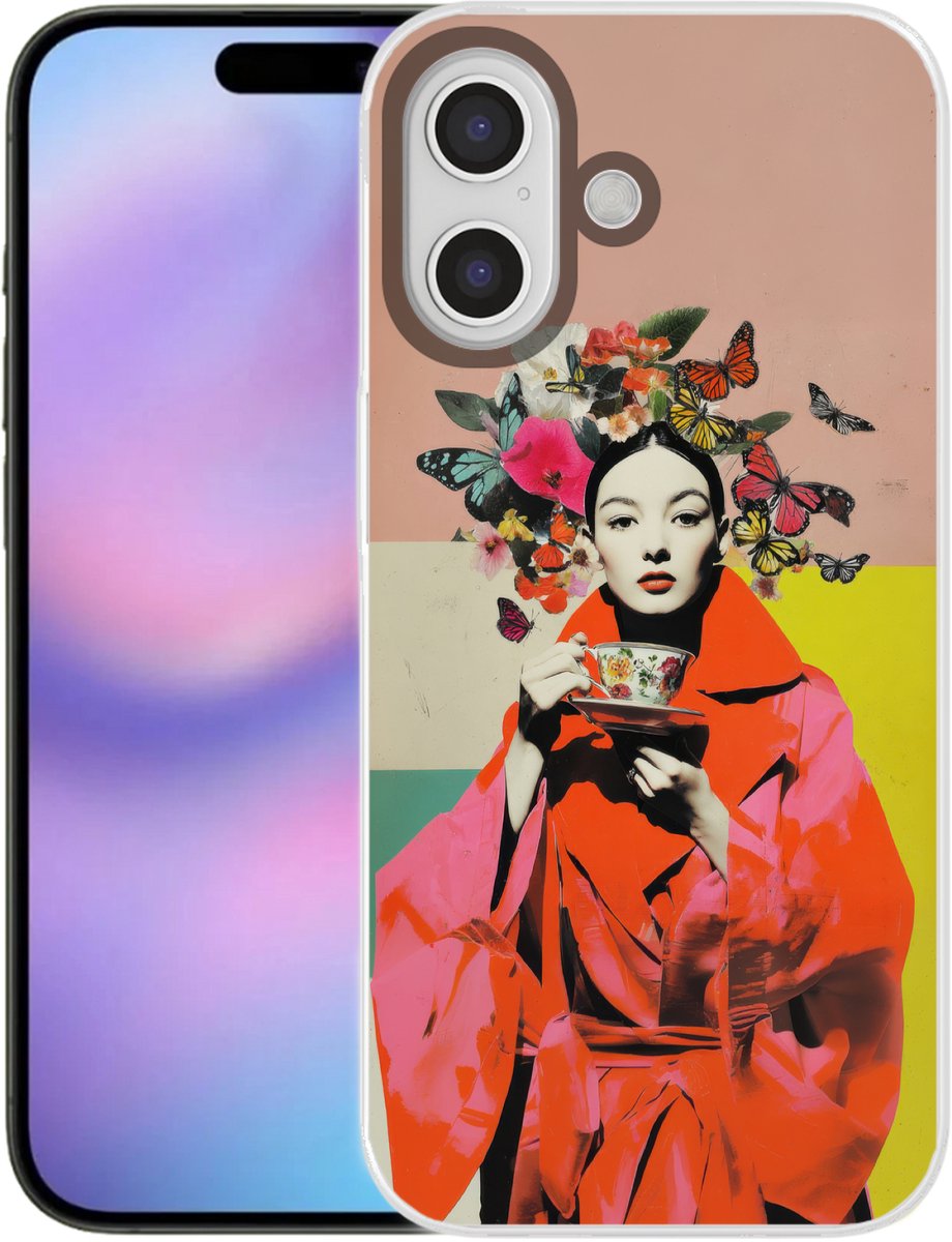 Telefoonhoesje Geschikt voor iPhone 17 hoesje - Retro - Vrouw - Kopje - Vlinders - Siliconen Telefoonhoesje Telefoonhoesje