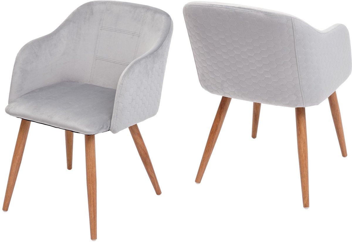 MCW Set van 2 eetkamerstoelen MCW-D71, stoel keukenstoel, retro design, armleuningen stof/textiel ~ fluweel lichtgrijs
