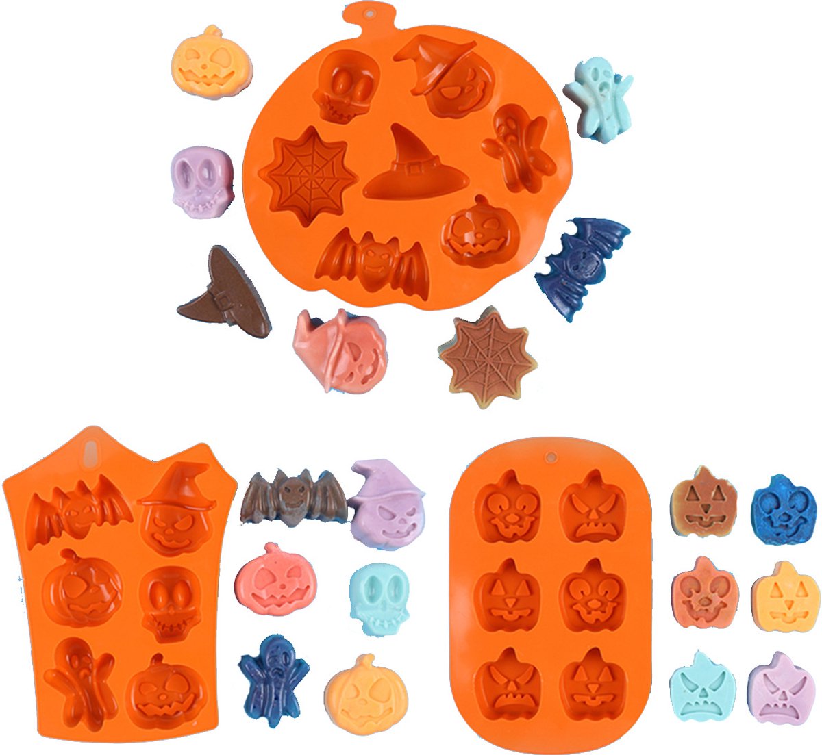 Set van 3 stuks - siliconen Halloween bakvormen - Chocoladevormen - Jell-O-vormen - Handgemaakte zeepvormen - Schedel-, vleermuis-, spook- en pompoenvormen - Gemakkelijk los te maken - Oranje - voor Halloweenfeesten, schoolfeesten en herfstvieringen
