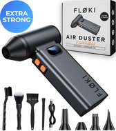 Grijze turboblazer en bijbehorende accessoires, met "EXTRA STRONG" label.