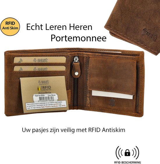 Bruine leren heren portemonnee met kaarten, met tekst 'RFID Anti Skim' en 'Echt Leren Heren Portemonnee'.