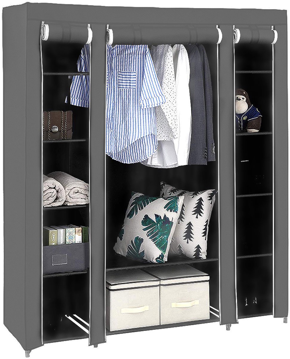 PIPIPOXER-DIY kledingkast met roedes, textielkast, stoffen kledingkast,campingkast, grijs, 172*134*43cm