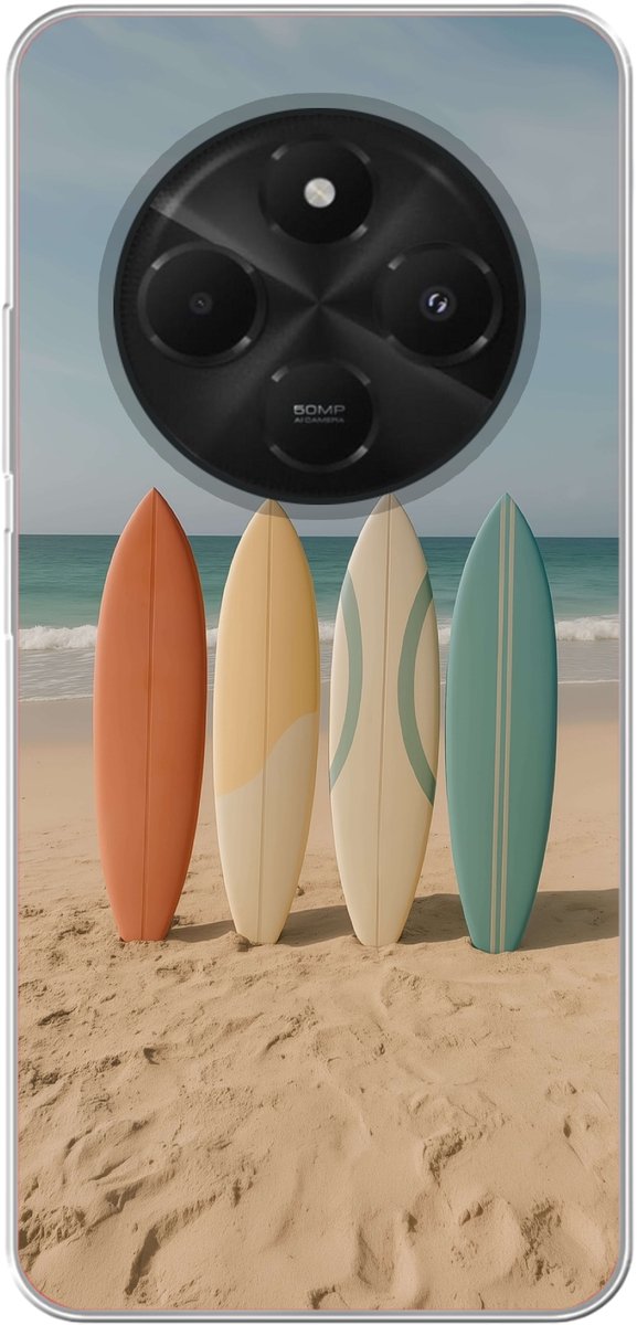 Telefoonhoesje Geschikt voor Xiaomi Geschikt voor Poco C75 (5G) hoesje - Strand - Surfbord - Pastel - Siliconen Telefoonhoesje Telefoonhoesje
