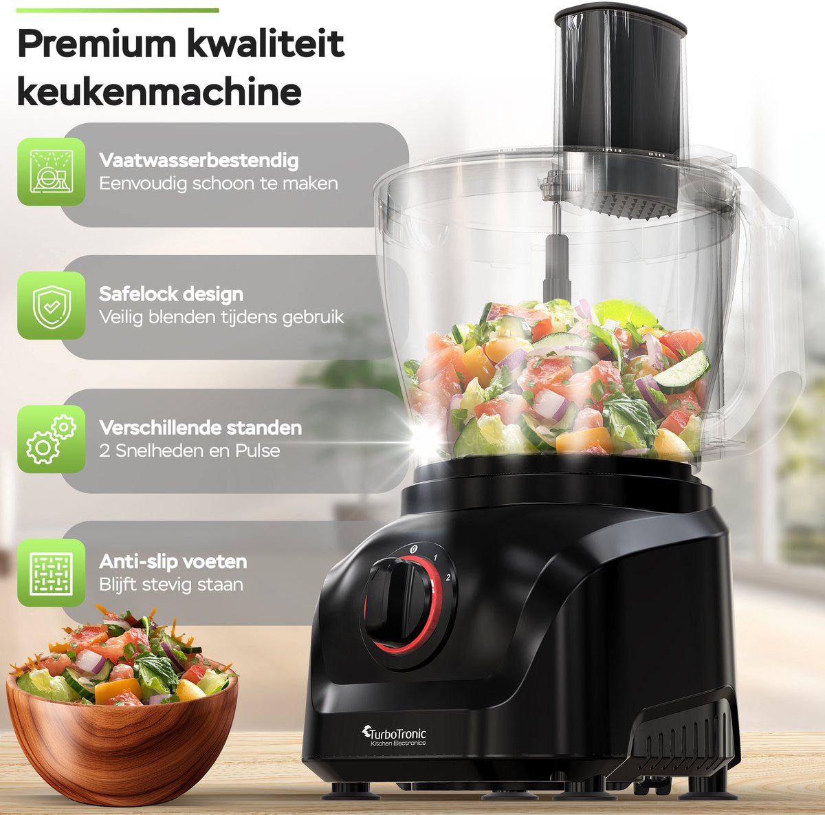 TurboTronic FP900 Foodprocessor - 8-in-1 Keukenmachine - 3 Liter - Zwart thumbnail 7