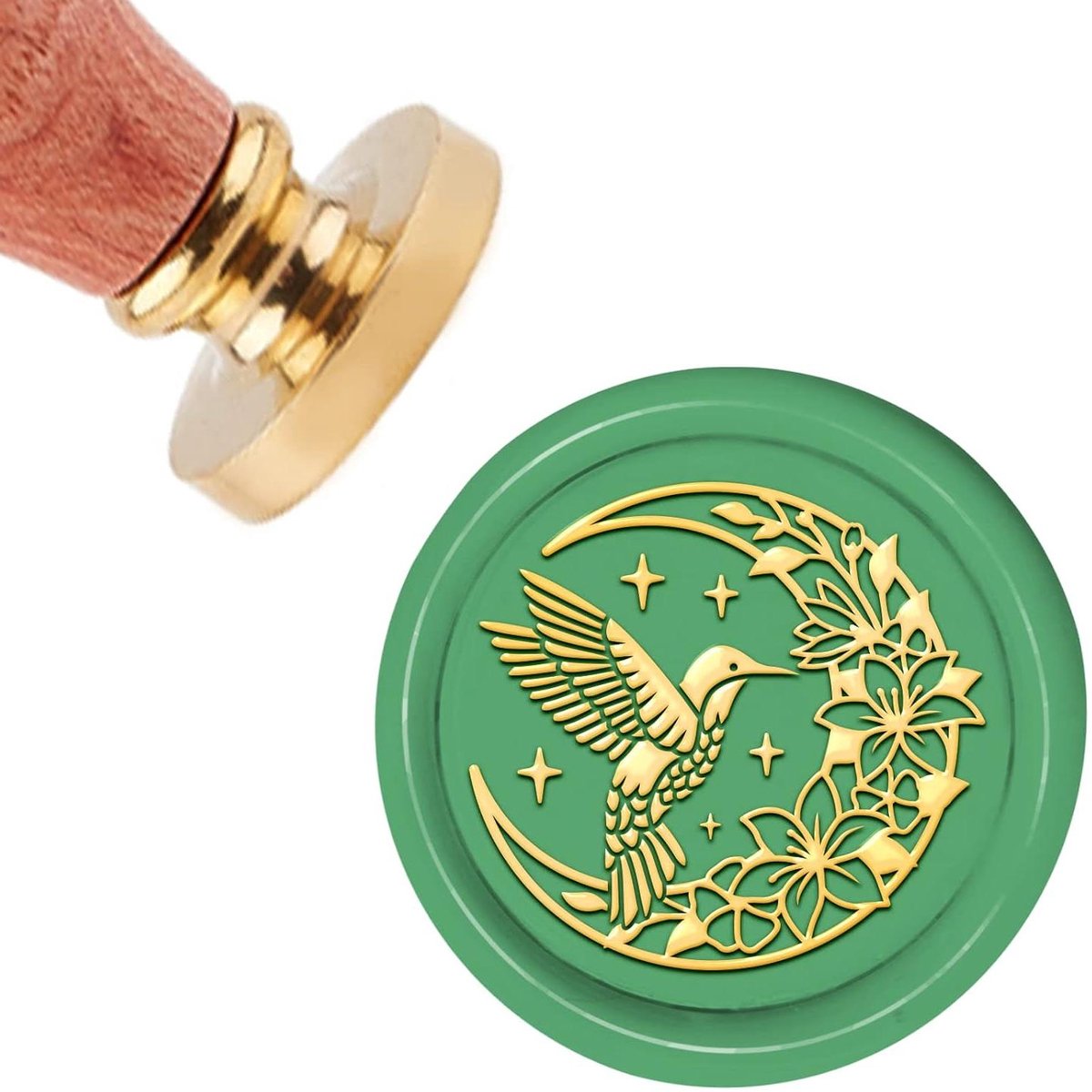 CSGoods - Wax Seal Stempel met Kolibrie en Maan Design voor Uitnodigingen en Scrapbooking - 30mm Afdichting Stempel met Verwijderbaar Messing Hoofd en Houten Handvat