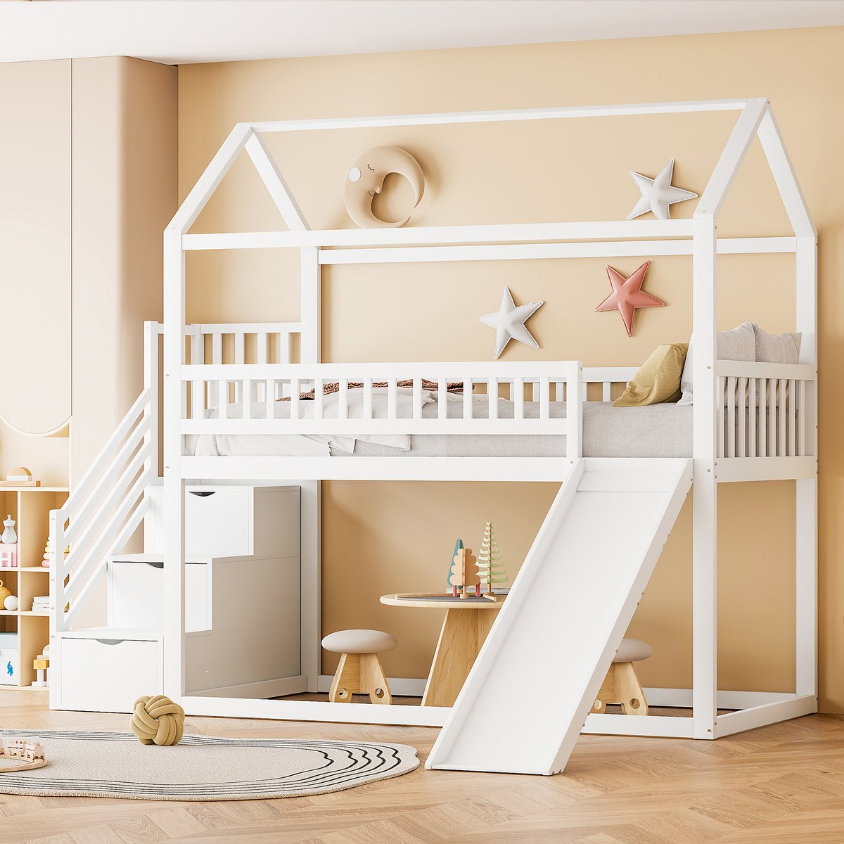 SONNENH Kinderstapelbed 90x200 cm - Massief hout wit - Met glijbaan opbergtrap reling - Diagonale lattenbodem - Veilige veiligheidshoogte - Ruimtebesparend ontwerp - Tijdloze witte afwerking