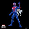 Spider-Man 2099 actiefiguur met blauw pak en rode details, witte cape, poseert met één hand omhoog.
