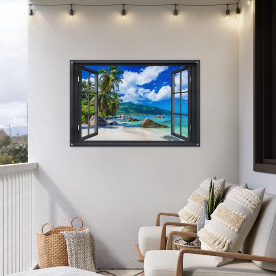 Tuinposters - Tuindecoratie - Doorkijk - Strand - Tropisch - Zomer - 120x80 cm - Tuin decoratie - Schutting decoratie - Tuinposter - Schuttingdoek - Buitenposter - Tuinversiering - Balkon decoratie - Tuinschilderij