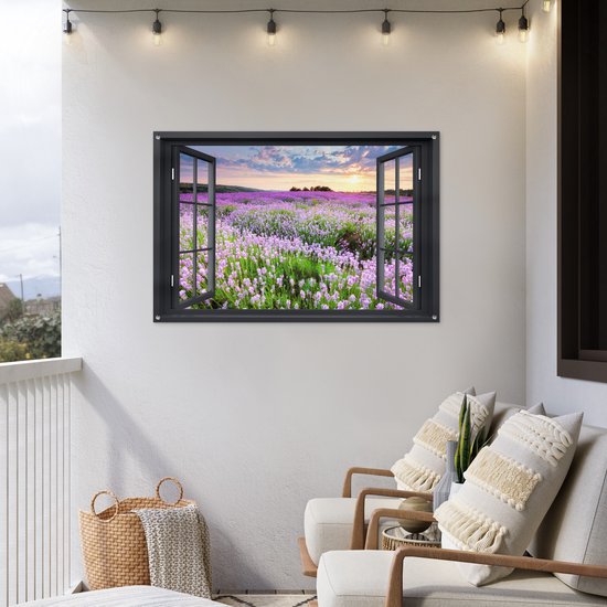 Tuinposter 120x80 cm - Tuindecoratie Doorkijk - Bloemen - Landschap - Raam - Poster voor in de tuin - Buiten decoratie - Schutting tuinschilderij - Tuindoek muurdecoratie - Wanddecoratie balkondoek
