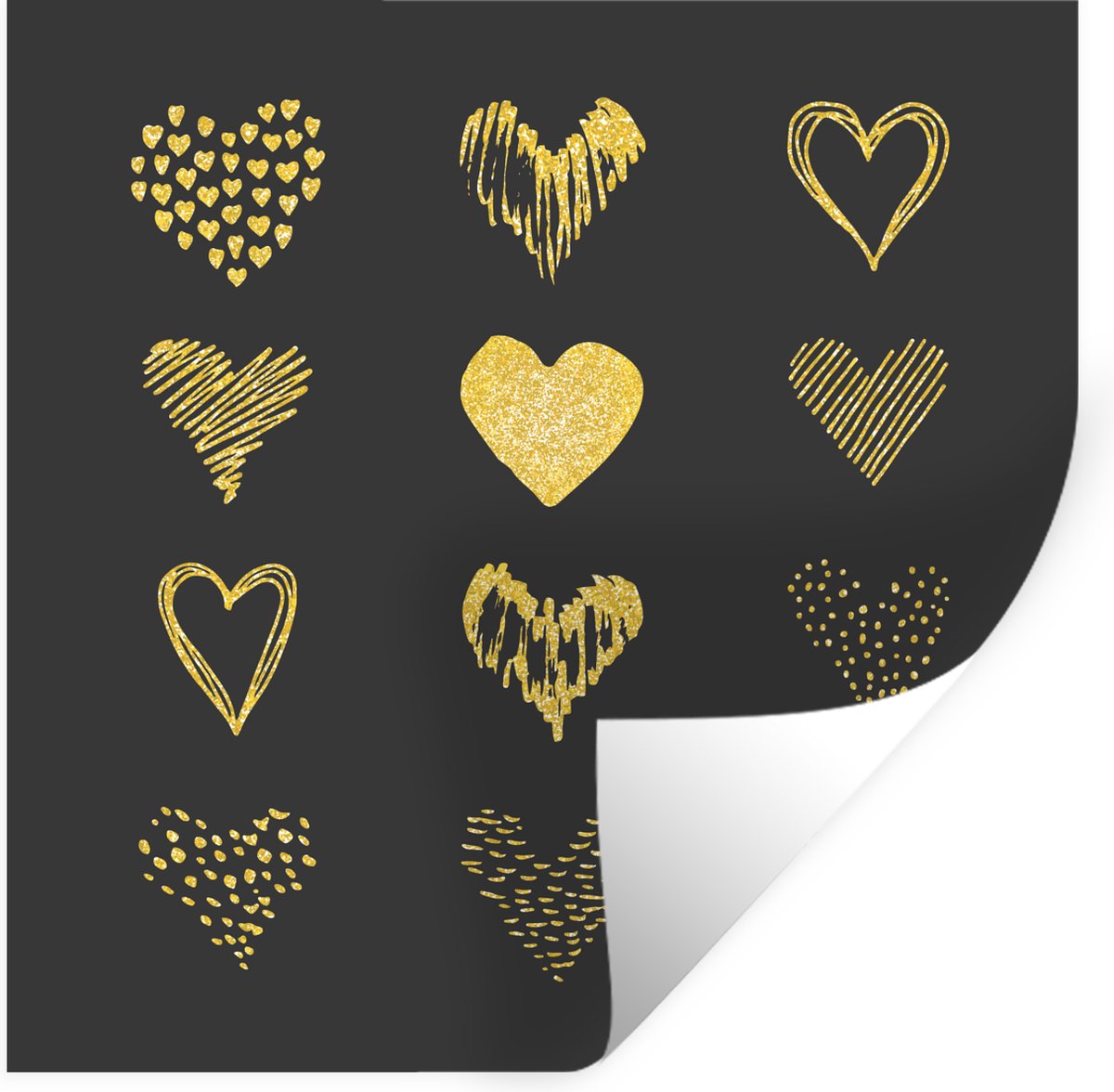 Muurstickers - Sticker Folie - Gouden getekende harten op zwart papier - 30x30 cm - Plakfo