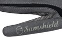 Grijze handschoen met Samshield logo, abstract tijgerprint patroon en suède afwerking.